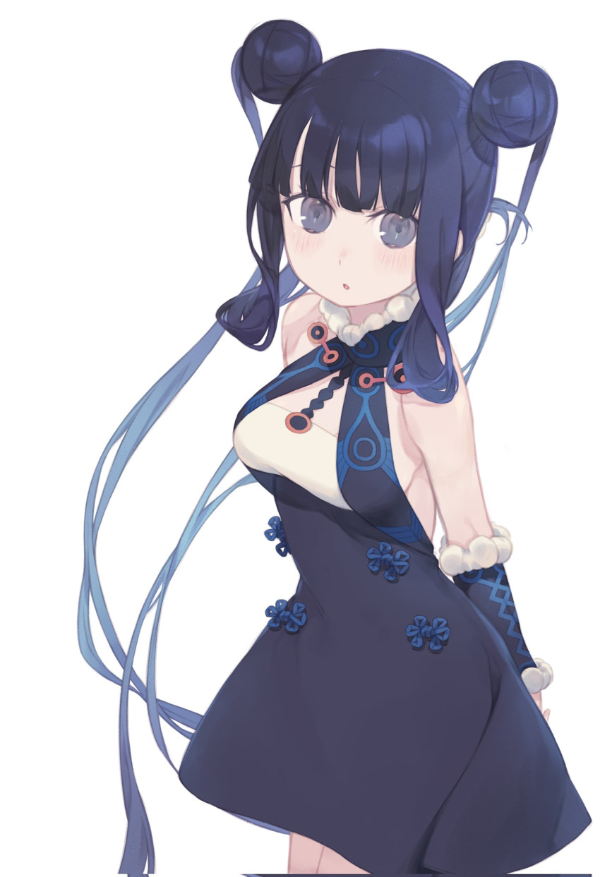 1girl bare_shoulders black_dress black_hair blush breasts daisi_gi double_bun dress fate/grand_order fate_(series) grey_eyes hair_bun highres long_hair looking_at_viewer medium_breasts parted_lips simple_background solo twintails very_long_hair white_background yang_guifei_(fate)