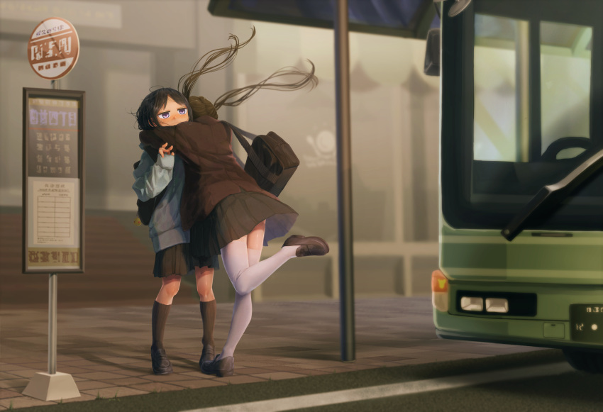 2girls :| backpack bag black_footwear black_skirt black_socks blazer blue_sweater blurry blurry_background blush brown_hair brown_jacket building bus bus_stop bus_stop_sign closed_mouth commentary_request embarrassed english_commentary facing_away floating_hair glomp hand_up head_on_another's_shoulder highres hug jacket jitome kneehighs loafers long_hair long_sleeves messy_hair mixed-language_commentary motor_vehicle multiple_girls nose_blush original outdoors parted_bangs pleated_skirt school_bag school_uniform shoes short_hair shoulder_bag sidewalk skirt sleeves_past_wrists socks sweater thigh-highs twintails violet_eyes white_thighhighs yamato06403261 yuri