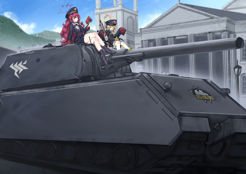 2girls black_coat black_footwear black_hat black_skirt blonde_hair bloomers blue_archive book boots coat commission day grey_eyes grey_halo gun hair_between_eyes halo hat highres holding holding_book ibuki_(blue_archive) iroha_(blue_archive) long_hair long_sleeves military_vehicle motor_vehicle multiple_girls open_clothes open_coat outdoors peaked_cap persocon93 pixiv_commission redhead rubber_boots skirt sleeves_past_fingers sleeves_past_wrists tank weapon white_bloomers yellow_eyes yellow_footwear yellow_halo