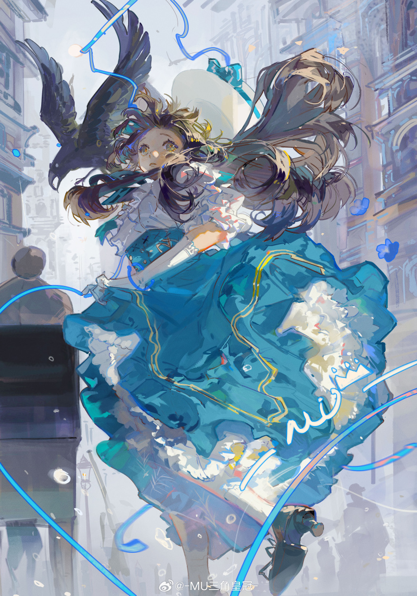 1girl absurdres bird black_bird blue_ribbon brown_hair chinese_commentary commentary_request dress flower frilled_dress frills gloves highres holding holding_clothes layered_dress long_hair muyihui original purple_flower ribbon solo watermark weibo_logo weibo_username white_gloves wind