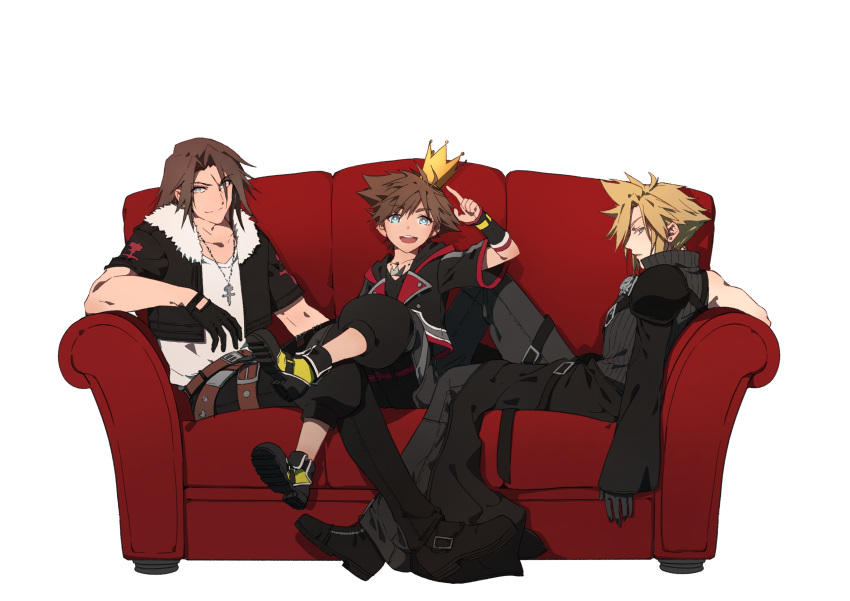 3boys absurdres arm_up armor asymmetrical_sleeves belt between_legs black_footwear black_gloves black_jacket black_pants black_shirt black_vest blonde_hair blue_eyes bright_pupils brown_hair cloud_strife commentary couch cropped_jacket crossed_legs crown earrings elbow_rest english_commentary expressionless fermium.ice final_fantasy final_fantasy_vii final_fantasy_vii_advent_children final_fantasy_viii full_body fur-trimmed_jacket fur_trim gloves happy highres jacket jewelry kingdom_hearts kingdom_hearts_ii leaning_back leather_belt long_hair looking_at_viewer looking_back male_focus multiple_belts multiple_boys necklace on_couch open_clothes open_jacket open_mouth pants pauldrons pendant pointing pointing_up puffy_pants scar scar_on_face shirt short_hair short_sleeves shoulder_armor shoulder_strap simple_background single_pauldron sitting smile sora_(kingdom_hearts) spiky_hair squall_leonhart stud_earrings teeth upper_teeth_only v-neck vest waist_cape white_background white_fur white_shirt yellow_footwear