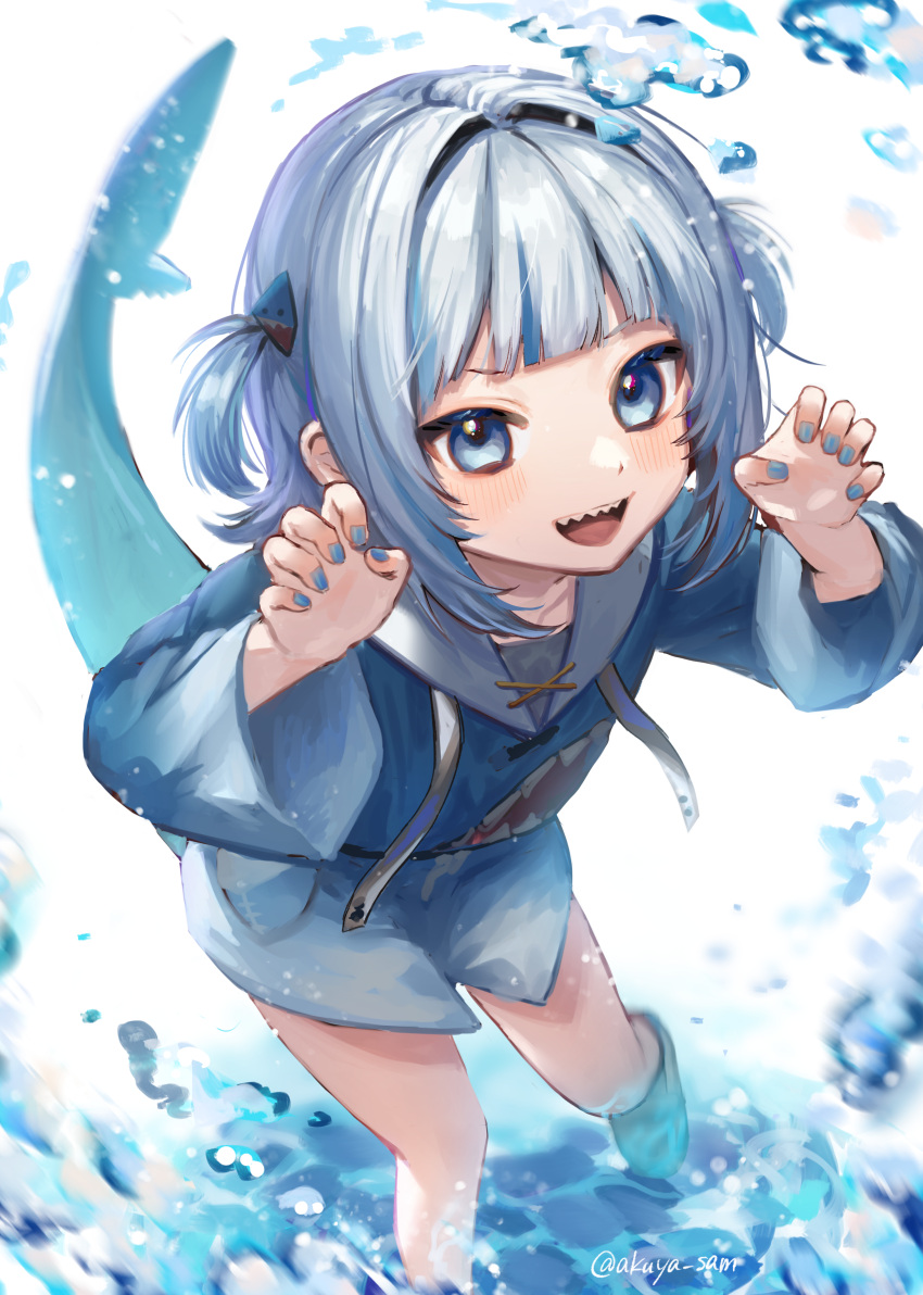 1girl absurdres animal_costume animal_hood blue_eyes blue_hair blue_hoodie blunt_bangs blush claw_pose fins fish_tail from_above gawr_gura gawr_gura_(1st_costume) grey_hair hair_ornament highres hiiragi_hiiro hololive hololive_english hood hoodie looking_at_viewer multicolored_hair open_mouth shark_costume shark_girl shark_hair_ornament shark_hood shark_tail sharp_teeth smile solo streaked_hair tail teeth twitter_username two_side_up virtual_youtuber water