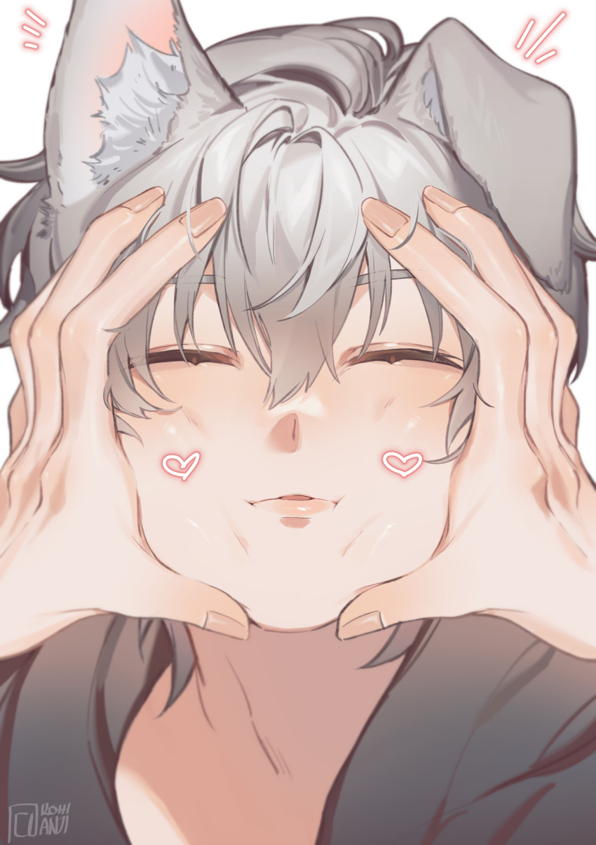 1boy 1other absurdres animal_ear_fluff animal_ears artist_name black_jacket blush caelus_(honkai:_star_rail) closed_eyes dog_ears english_commentary fingernails grey_hair hair_between_eyes hands_on_another's_face hands_up heart highres honkai:_star_rail honkai_(series) jacket kemonomimi_mode kohianji lips notice_lines open_mouth short_hair simple_background solo_focus standing trailblazer_(honkai:_star_rail) upper_body white_background