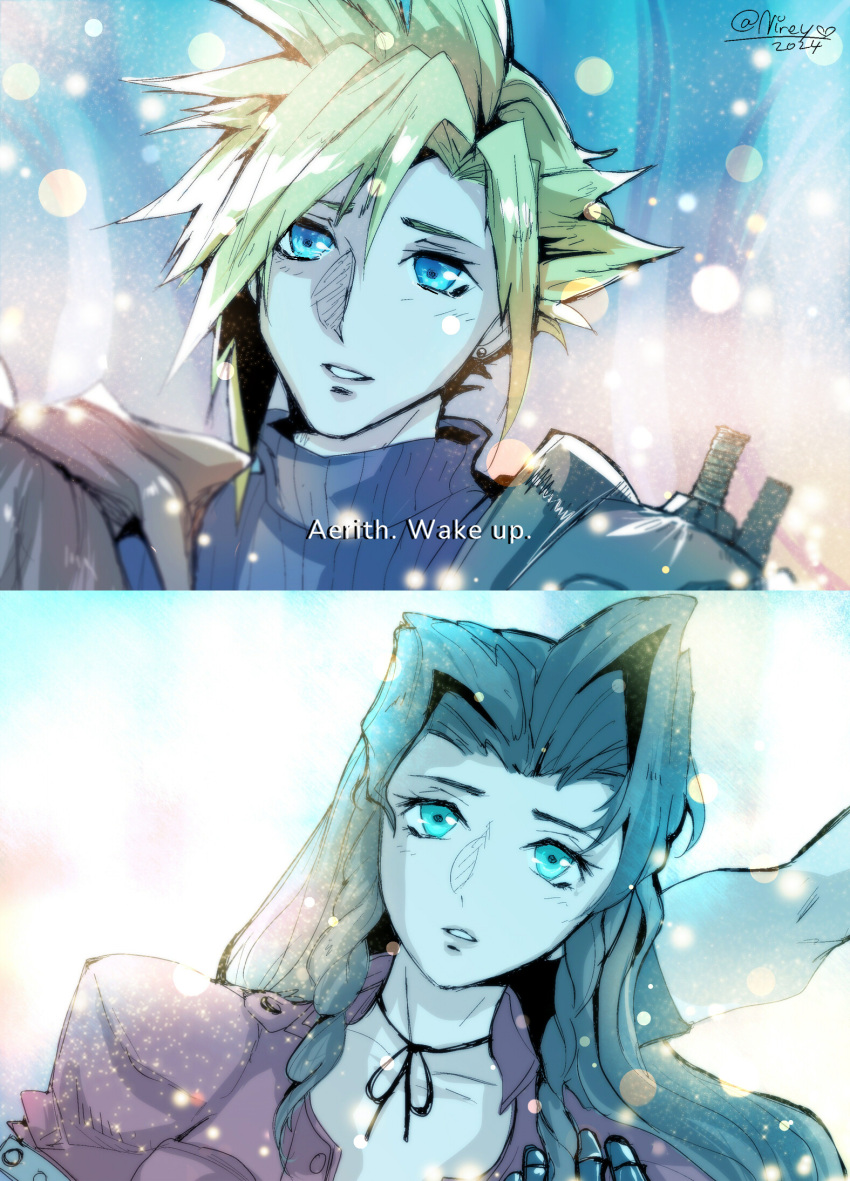 1boy 1girl aerith_gainsborough armor black_gloves blonde_hair blue_eyes blue_shirt brown_hair choker cloud_strife english_text final_fantasy final_fantasy_vii final_fantasy_vii_rebirth final_fantasy_vii_remake gloves green_eyes hair_between_eyes herzloserengel highres jacket light_smile long_hair looking_at_viewer parted_bangs parted_lips puffy_short_sleeves puffy_sleeves red_jacket ribbon_choker shirt short_hair short_sleeves shoulder_armor sidelocks single_shoulder_pad spiky_hair subtitled turtleneck twitter_username upper_body wavy_hair