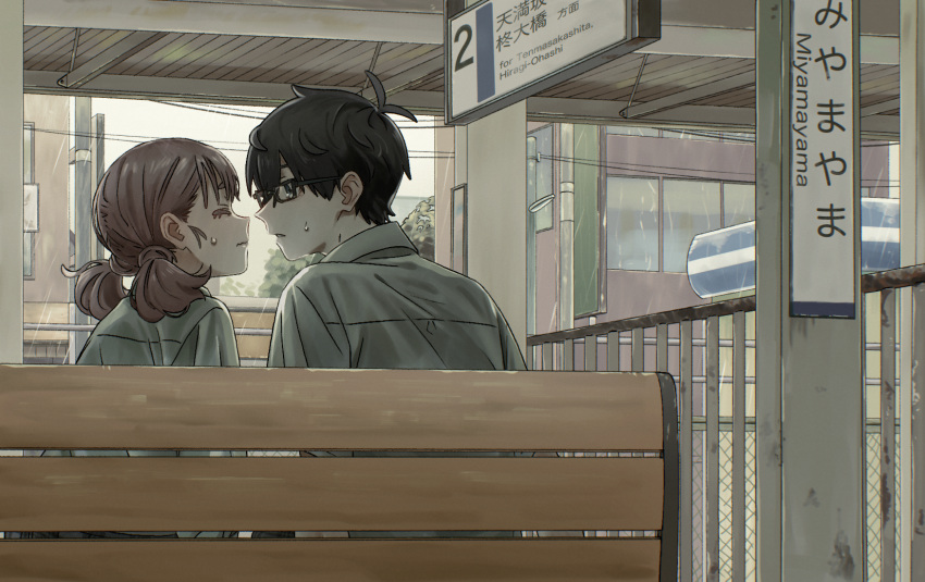 1boy 1girl banner bench black_hair collared_shirt face-to-face facing_another from_behind grey_shirt hetero highres indoors long_sleeves looking_to_the_side low_twintails mi_(pic52pic) original park_bench pink_hair profile railing rain rust school_uniform shirt short_hair sitting twintails upper_body utility_pole waiting_for_kiss wet wet_clothes wet_shirt white_shirt