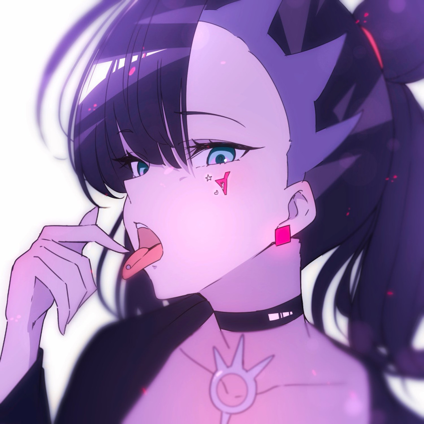 1girl black_choker black_hair black_shirt blue_eyes character_request choker collarbone highres marie_(pixiv59672544) piercing pokemon shirt simple_background solo sticker_on_face tongue tongue_out tongue_piercing upper_body white_background