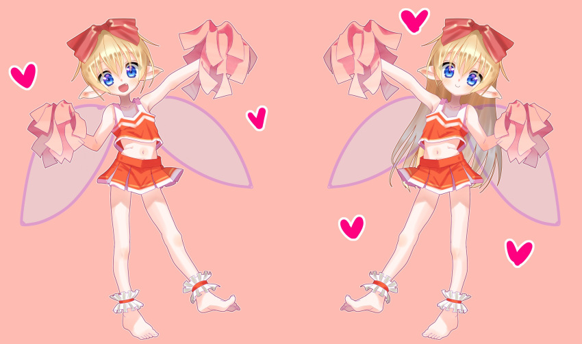 2girls absurdres ankle_garter axiacid barefoot blue_eyes blush bow cheerleader crop_top derivative_work fairy fairy_wings fang feet full_body hair_bow heart highres long_hair looking_at_viewer midriff multiple_girls navel original pink_background pointy_ears pom_pom_(cheerleading) red_bow red_skirt redrawn short_hair simple_background skirt smile wings