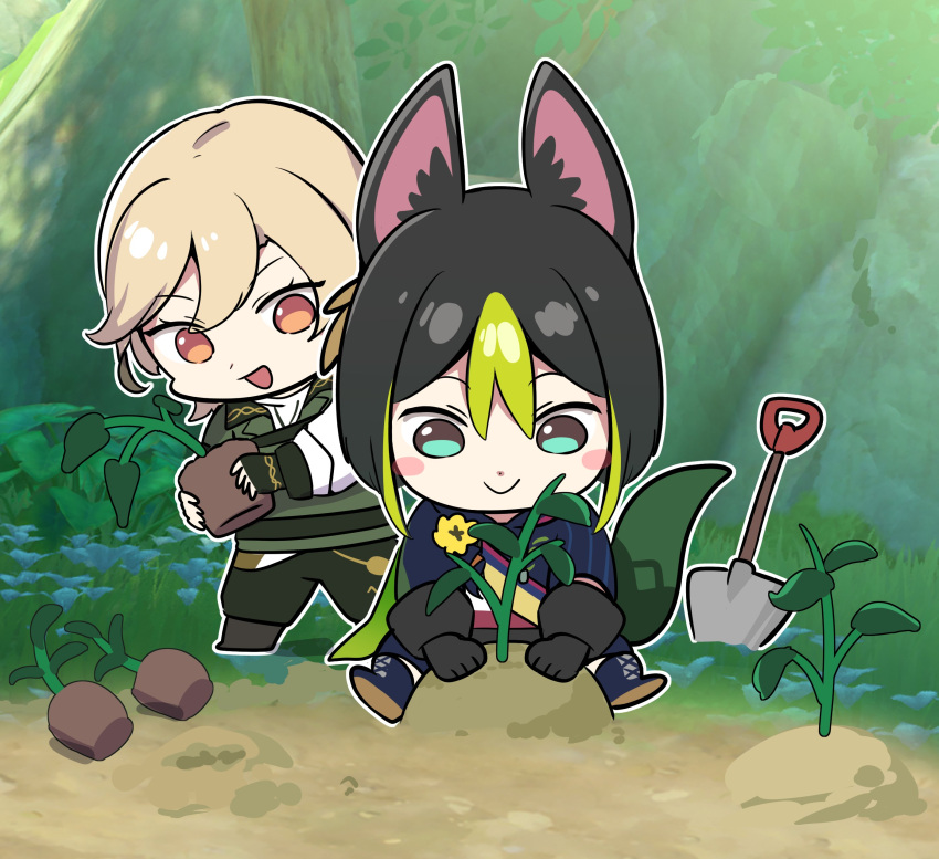 2boys :d absurdres animal_ear_fluff animal_ears asymmetrical_sleeves black_gloves black_hair blonde_hair blue_footwear blue_pants blunt_ends blush blush_stickers boots brown_eyes brown_footwear cape chibi closed_mouth commentary day dirt earrings english_commentary fingerless_gloves flower fox_boy fox_ears fox_tail game_screenshot_background genshin_impact gloves grass green_cape green_eyes green_gloves green_hair green_pants green_vest hair_between_eyes highres hood hood_down hoodie jewelry kaveh_(discovery)_(genshin_impact) kaveh_(genshin_impact) long_sleeves looking_down male_focus multicolored_clothes multicolored_eyes multicolored_hair multiple_boys official_alternate_costume on_ground ooyun open_mouth outdoors outline pants plant planted planted_shovel planting red_eyes rock shirt short_hair short_sleeves shovel sidelocks single_earring sitting smile standing streaked_hair tail tighnari_(genshin_impact) tree uneven_sleeves vest white_outline white_shirt yellow_flower