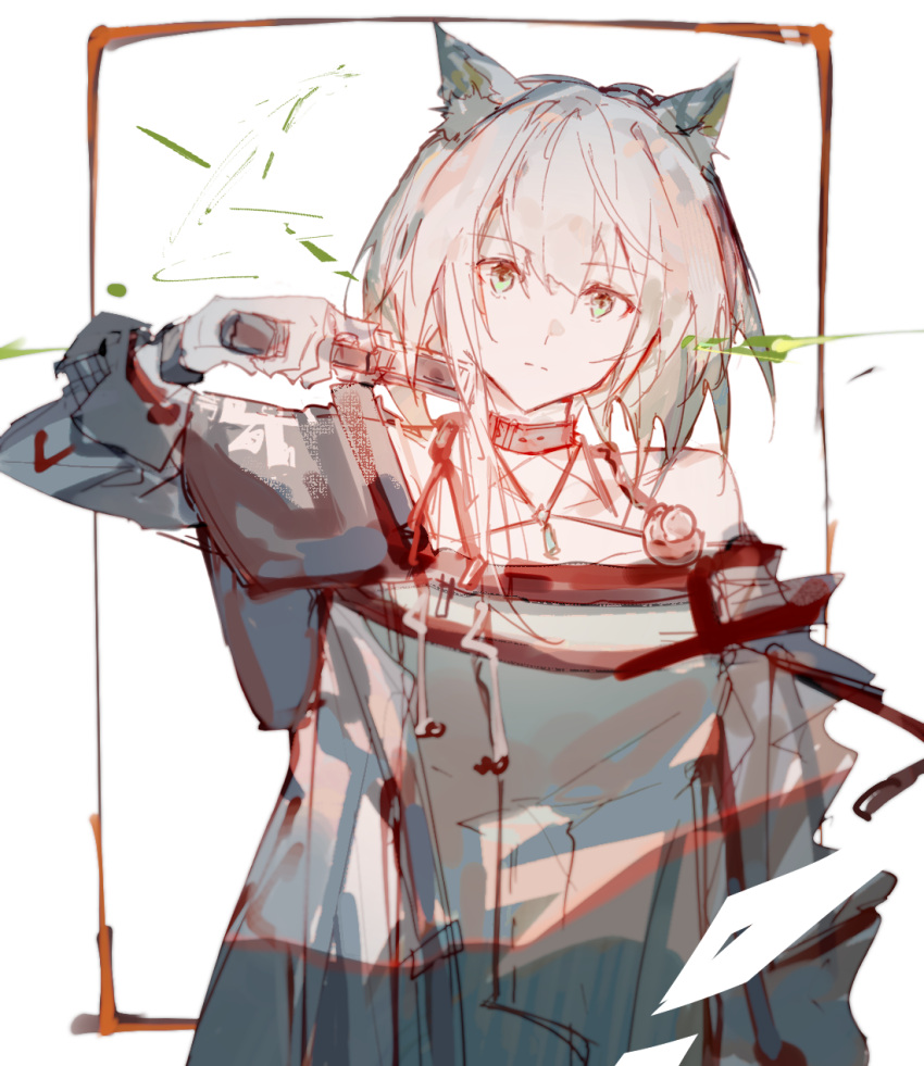 1girl arknights bare_shoulders coat dress expressionless green_dress green_eyes gun handgun highres kal'tsit_(arknights) ken1212ab looking_at_viewer medium_hair off-shoulder_coat off_shoulder simple_background solo stethoscope upper_body weapon white_background white_hair
