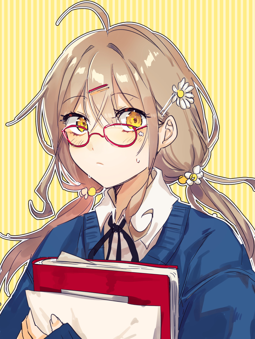 1girl absurdres ahoge blue_sweater book brown_hair flower glasses hair_bobbles hair_flower hair_ornament highres holding holding_book long_hair low_twintails red-framed_eyewear solo suju0813 sweatdrop sweater twintails yellow_background yellow_eyes