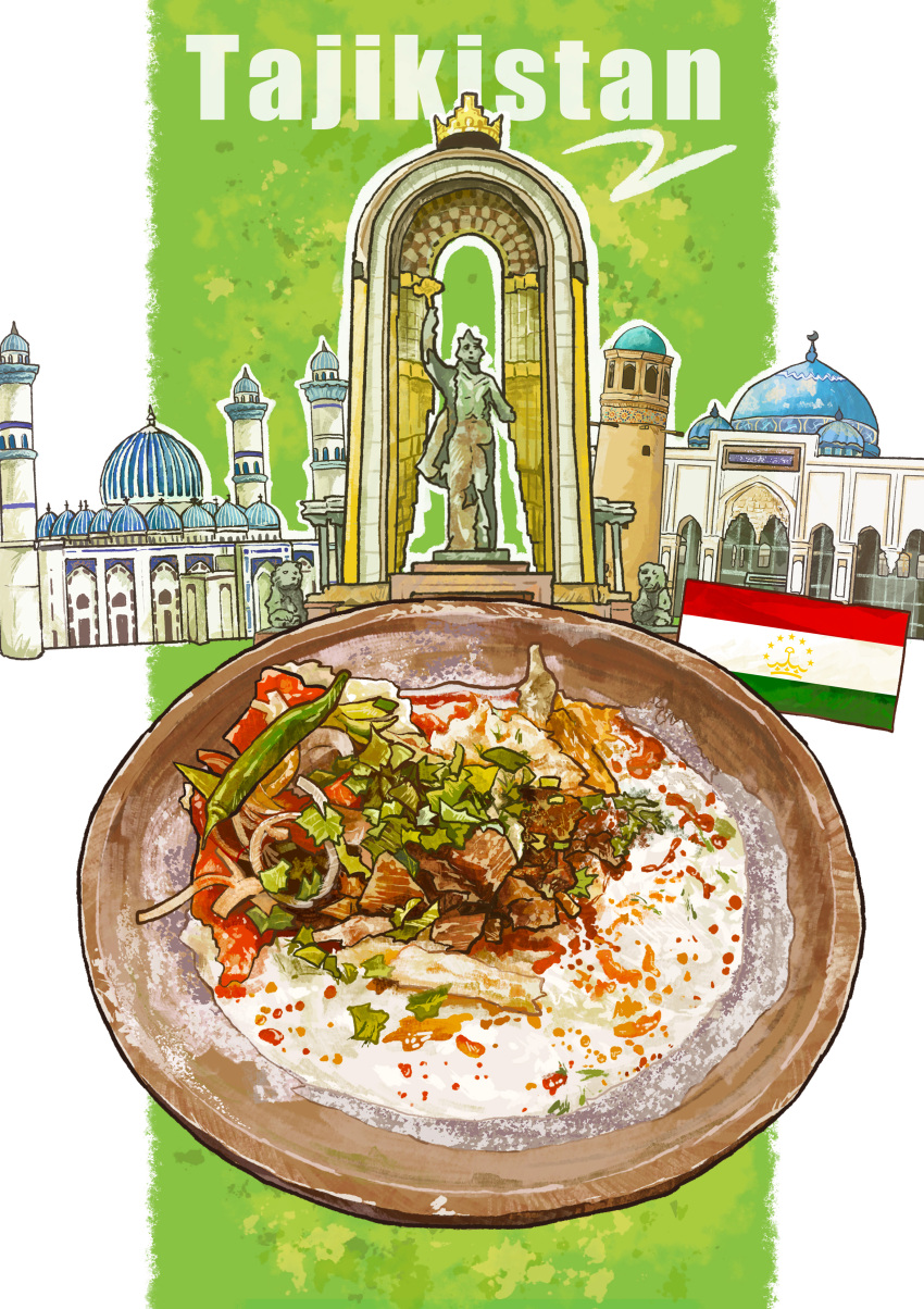 absurdres bmu_s building flag food food_focus highres meat middle_eastern_architecture no_humans original plate rice statue tajikistan tajikistani_flag vegetable