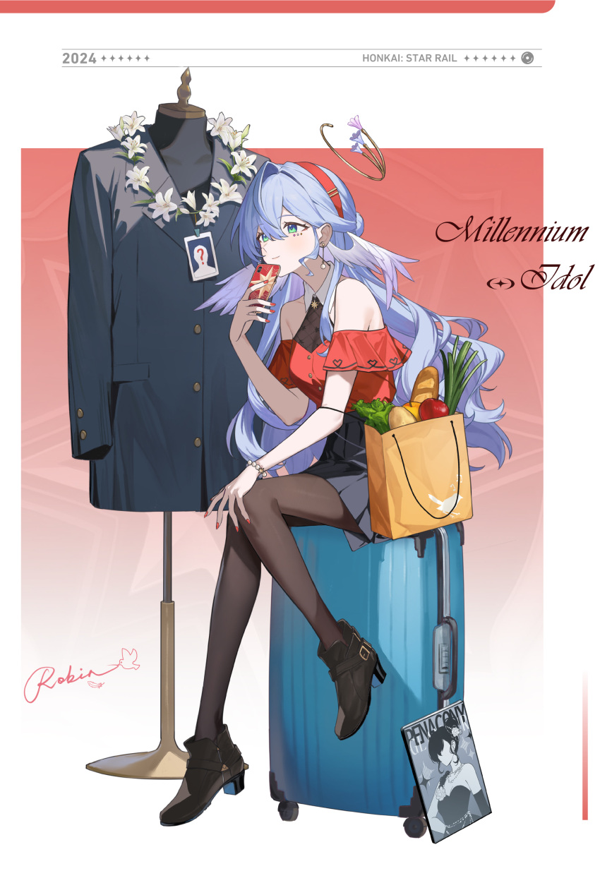 1girl absurdres alternate_costume bare_shoulders black_skirt blue_hair brown_footwear brown_pantyhose casual cellphone closed_mouth full_body halo hand_up head_wings highres holding holding_phone honkai:_star_rail honkai_(series) long_hair looking_to_the_side off-shoulder_shirt off_shoulder pantyhose phone purple_wings rararamax red_shirt robin_(honkai:_star_rail) shirt short_sleeves sitting skirt smartphone smile solo wings
