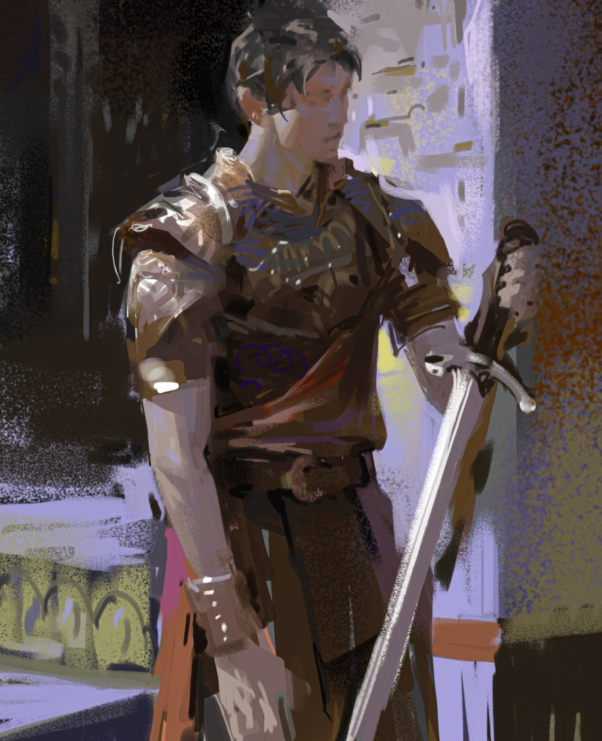 1boy armor art_study belt black_hair breastplate brown_hair closed_mouth commentary cowboy_shot earrings english_commentary faux_traditional_media highres holding holding_sword holding_weapon jewelry male_focus original outdoors painterly pauldrons short_hair short_sleeves shoulder_armor sketch soldier solo standing sword tunic vambraces weapon yuming_li