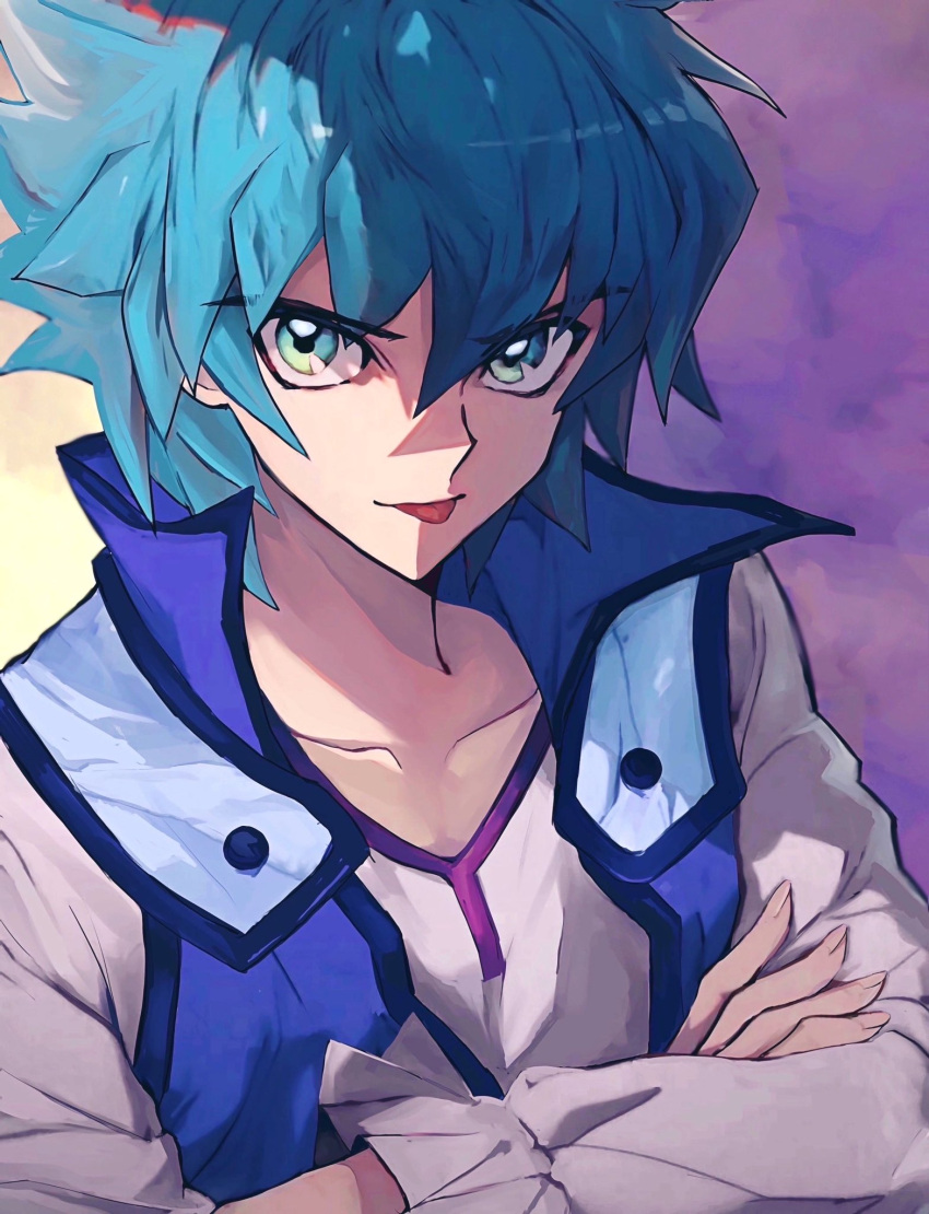 1boy blue_eyes blue_hair blue_vest collarbone commentary_request crossed_arms highres johan_andersen katasode_cd male_focus open_clothes open_vest shirt short_hair solo spiky_hair tongue tongue_out upper_body vest white_shirt yu-gi-oh! yu-gi-oh!_gx