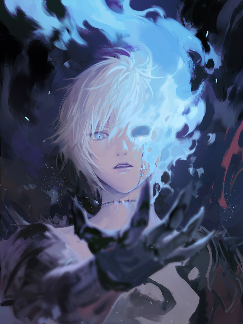 absurdres ahoge armor blue_eyes blue_fire commentary commentary_request facing_viewer fiery_hair fire flaming_eye gauntlets glowing glowing_eyes granblue_fantasy hair_between_eyes highres holding looking_at_viewer lucilius_(granblue_fantasy) male_focus messy_hair outstretched_hand parted_lips scar scar_on_neck shoulder_armor shoulder_spikes spikes stitched_neck stitches tki topless_male upper_body white_hair