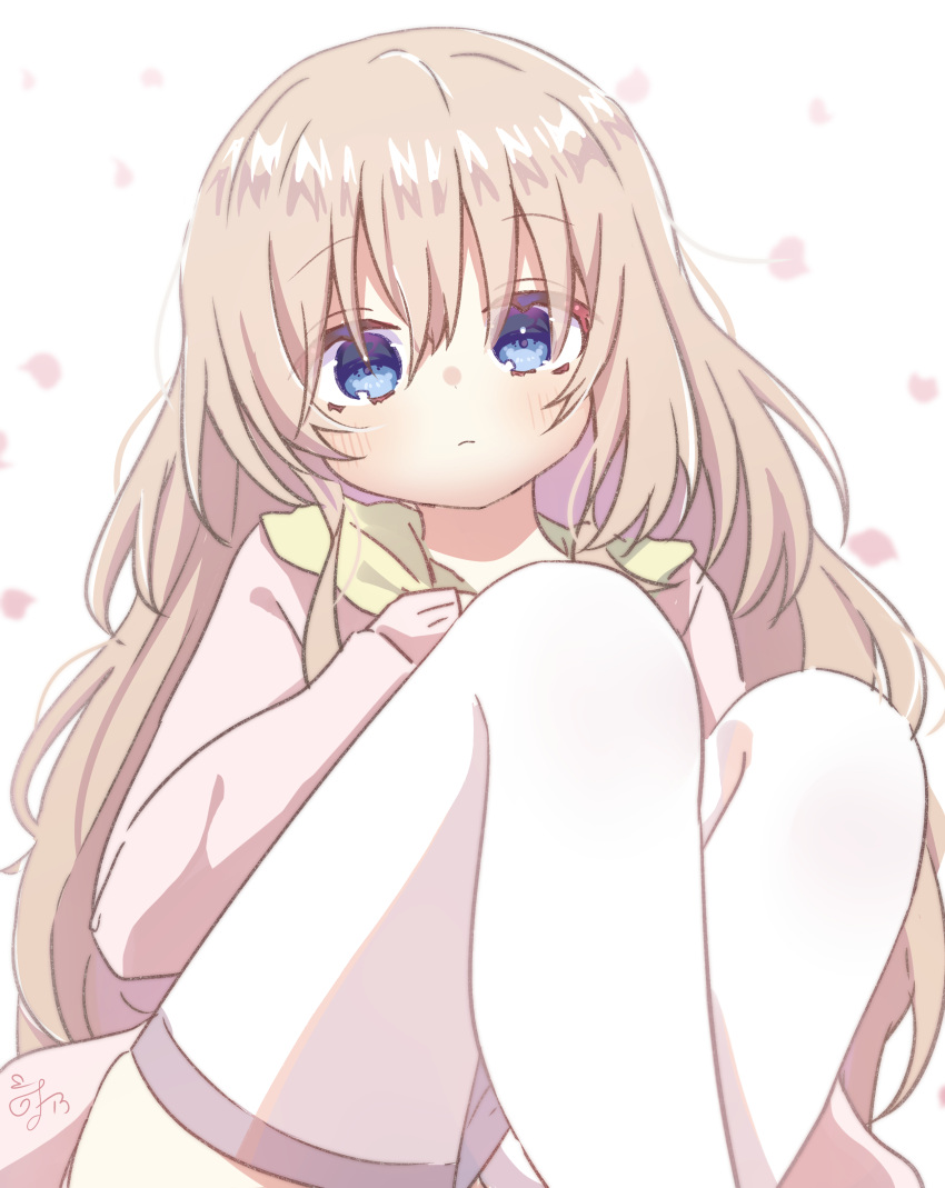 1girl 9-nine- absurdres blue_eyes blush cardigan closed_mouth commentary crossed_legs expressionless eyes_visible_through_hair falling_petals hair_between_eyes hand_up highres knees_up kujou_miyako light_brown_hair long_hair looking_at_viewer out-of-frame_censoring petals pink_cardigan sidelocks signature simple_background sitting sleeves_past_wrists solo thigh-highs utuigawa very_long_hair wavy_hair white_background white_thighhighs