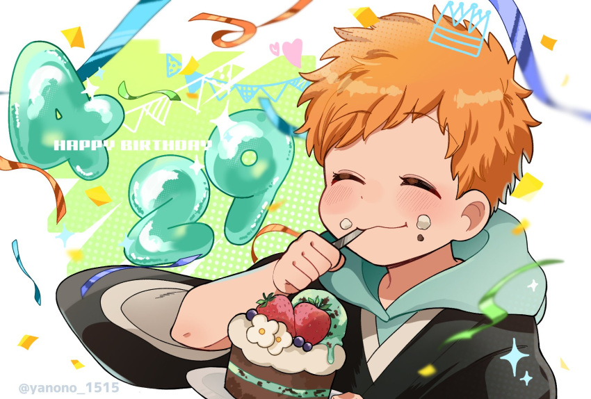 1boy :3 :t ^_^ black_kimono bleach bleach:_epilogue blush cake closed_eyes closed_mouth commentary_request confetti dated drawn_crown eating food food_on_face fruit hand_up happy happy_birthday heart highres hood hood_down japanese_clothes kimono kurosaki_kazui long_sleeves orange_hair short_hair simple_background solo sparkle spiky_hair strawberry twitter_username upper_body wavy_mouth white_background wide_sleeves yanono_015