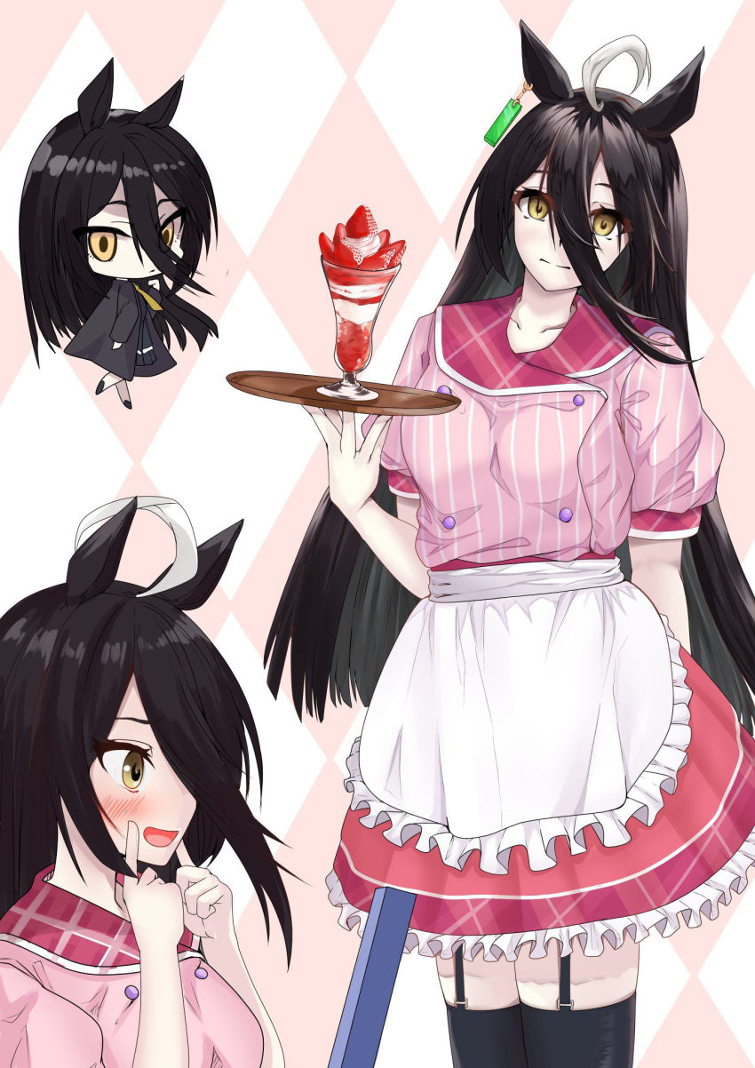1girl ahoge animal_ears apron argyle_background arm_behind_back black_hair black_thighhighs blush cafe_stella_to_shinigami_no_chou chibi chibi_inset closed_mouth commentary_request cosplay cowboy_shot eyelashes finger_to_cheek frilled_apron frills from_side garter_straps hair_between_eyes hand_up head_tilt highres holding holding_tray horse_ears horse_girl long_hair looking_at_mirror looking_at_viewer manhattan_cafe_(umamusume) mirror multiple_views open_mouth pink_background pink_shirt pink_skirt profile puffy_short_sleeves puffy_sleeves shiki_natsume shiki_natsume_(cosplay) shirt short_sleeves simple_background skirt smile split_mouth straight_hair strawberry_parfait thigh-highs tray tsurime umamusume user_mewc2354 very_long_hair waist_apron waitress white_apron yellow_eyes