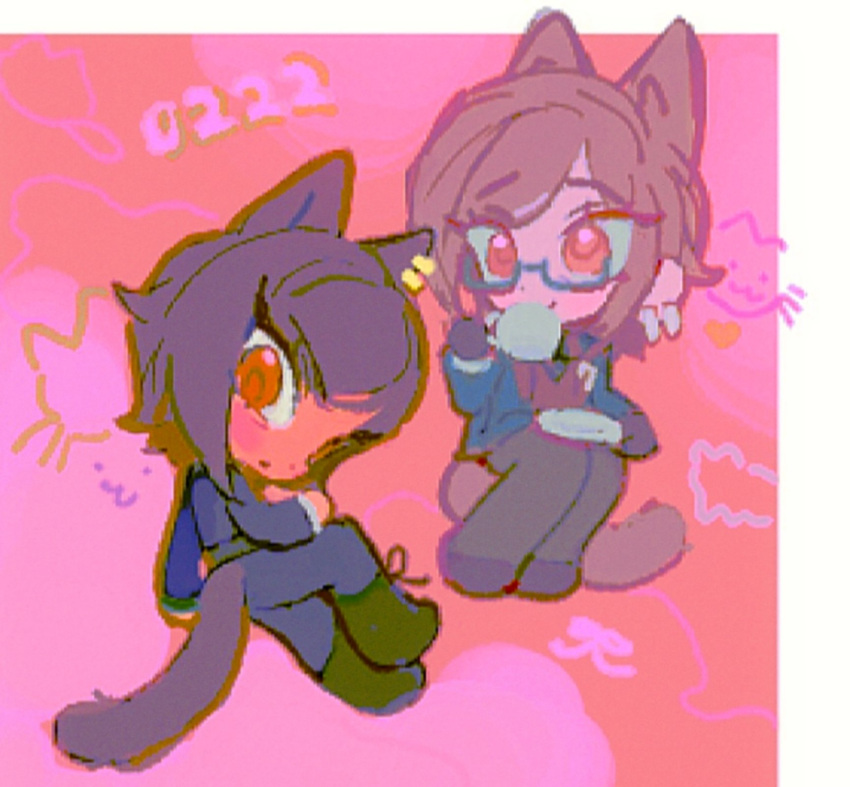 1girl animal_ears black_pants brown_eyes brown_hair cat_ears cat_tail closed_mouth cup glasses highres holding holding_cup holding_plate huyj_cl knees_up limbus_company looking_to_the_side multiple_views orange_eyes outis_(project_moon) pants pink_theme plate project_moon short_hair sitting smile tail