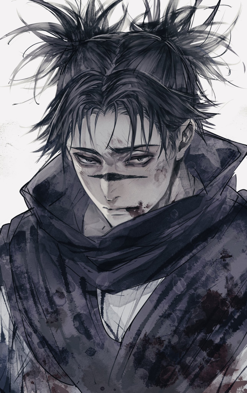 1boy black_hair blood blood_on_clothes blood_on_face choso_(jujutsu_kaisen) closed_mouth facial_tattoo highres ho9_999 jujutsu_kaisen looking_at_viewer male_focus robe short_hair simple_background solo tattoo white_background white_robe