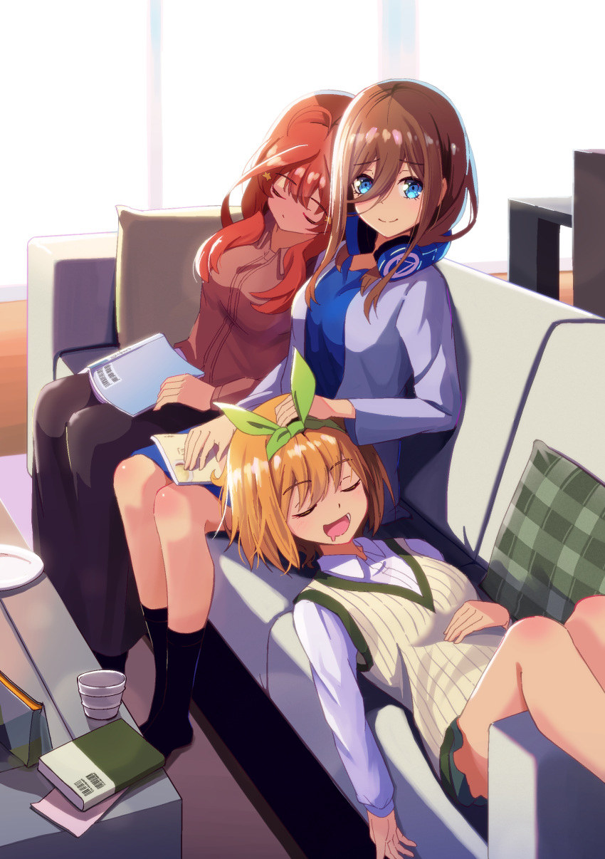 3girls :d absurdres black_socks blue_eyes blue_shirt blush book brown_hair casual closed_eyes closed_mouth collared_shirt commentary couch drooling feet_out_of_frame go-toubun_no_hanayome green_ribbon hair_between_eyes hair_ornament hair_over_one_eye hair_ribbon hand_on_another's_shoulder head_rest headpat headphones headphones_around_neck highres indoors kneehighs knees_up lap_pillow long_hair long_sleeves looking_at_another lying medium_hair mouth_drool multiple_girls nakano_itsuki nakano_miku nakano_yotsuba on_back on_couch open_book open_mouth orange_hair redhead ribbed_sweater ribbon shirt siblings sidelocks sisters sitting sleeping sleeveless sleeveless_sweater smile socks star_(symbol) star_hair_ornament sweater triplets white_shirt yasuba_yuichi
