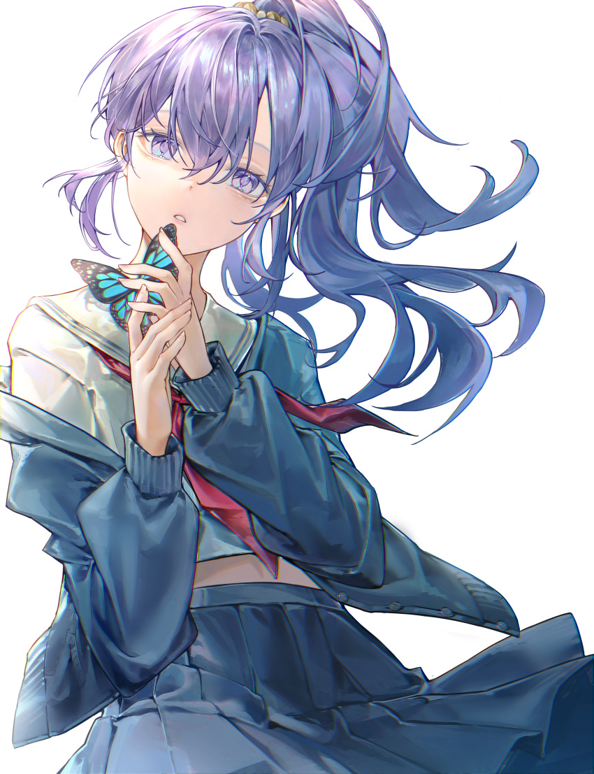 1girl absurdres arrrrrry1 asahina_mafuyu black_cardigan black_skirt blue_butterfly bug butterfly cardigan commentary grey_shirt hair_between_eyes highres holding_butterfly long_hair looking_at_viewer midriff_peek miyamasuzaka_girls'_academy_school_uniform neckerchief parted_lips pleated_skirt ponytail project_sekai purple_hair red_neckerchief sailor_collar school_uniform scrunchie shirt sidelocks single_off_shoulder skirt solo symbol-only_commentary violet_eyes white_sailor_collar yellow_scrunchie