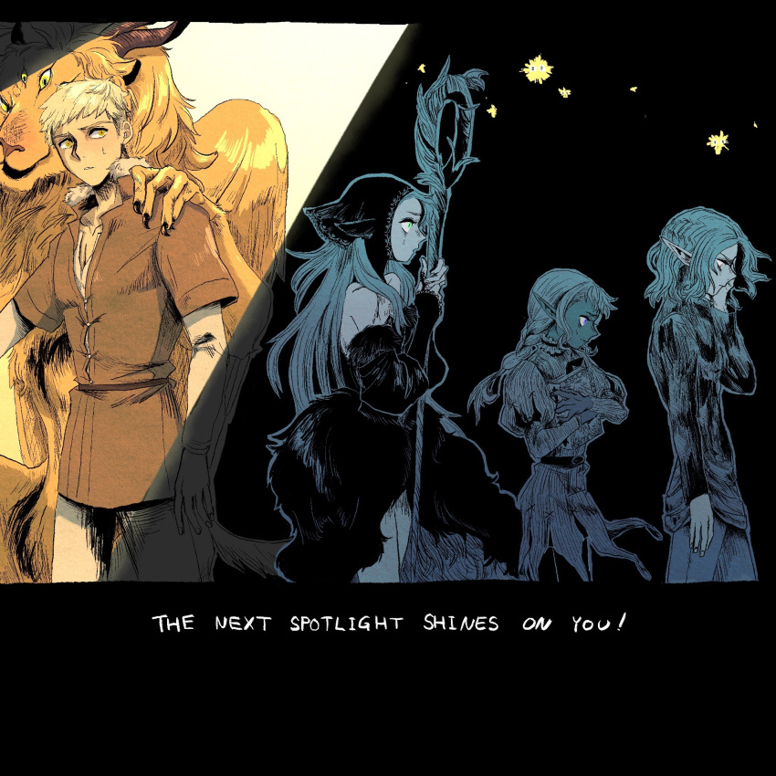 1girl 3boys ambrosia_(dungeon_meshi) androgynous bare_shoulders blonde_hair book braid cowboy_shot dark-skinned_male dark_skin dress dungeon_meshi elf english_text green_eyes grey_eyes highres holding holding_book holding_staff laios_touden long_hair marcille_donato marcille_donato_(lord) medium_hair mithrun multiple_boys official_alternate_costume pachix2_corgi pointy_ears short_hair spoilers spotlight staff sweatdrop thistle_(dungeon_meshi) violet_eyes winged_lion_(dungeon_meshi) yellow_eyes