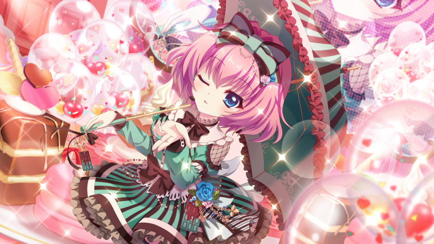 1girl black_bow blowing_kiss blue_flower blue_hair blue_rose bow bubble cake candy chocolate chocolate_bar concert dot_nose dress film_grain flower food frilled_umbrella frills game_cg green_bow green_dress green_umbrella hair_bow headset heart hiiragi_kae holding holding_umbrella idol idol_clothes izumi_tsubasu large_bow lens_flare macaron non-web_source official_art one_eye_closed oversized_food oversized_object parted_lips pink_hair pinstripe_dress pinstripe_pattern plate re:stage! rose screen short_hair smile solo sparkle umbrella valentine wafer_stick whipped_cream