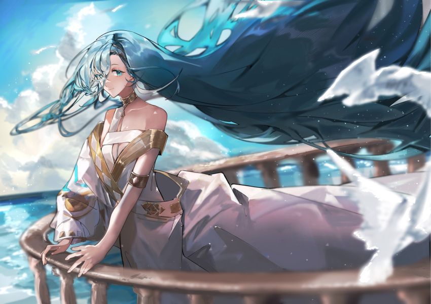 1girl 37_(reverse:1999) ancient_greek_clothes armlet bare_shoulders bird blue_eyes blue_hair blue_sky blurry blurry_background clouds cowboy_shot floating_hair gold_choker greco-roman_clothes hand_on_railing highres light_smile long_hair looking_at_viewer mimoza04040 ocean off_shoulder outdoors railing reverse:1999 single_sleeve sky solo toga very_long_hair white_bird wide_sleeves wind