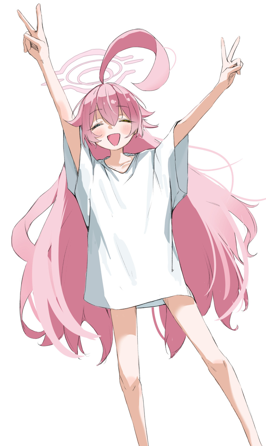 1girl absurdres ahoge alternate_costume alternate_hairstyle bare_legs blue_archive bottomless closed_eyes double_v hair_between_eyes halo highres hoshino_(blue_archive) huge_ahoge long_hair open_mouth oversized_clothes oversized_shirt pink_hair pink_halo shirt showtime775 smile solo v very_long_hair white_background white_shirt