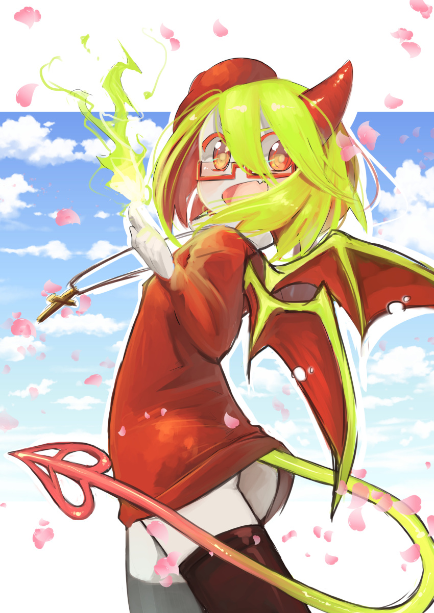 1girl beret black_pantyhose blue_sky border clouds colored_skin cross cross_necklace demon_tail demon_wings falling_petals fang fire funamusea glasses green_hair green_wings haiiro_teien hat highres horns jewelry looking_at_viewer melonenbrot necklace open_mouth orange_eyes pantyhose petals pink_petals red-framed_eyewear red_horns red_sweater semi-rimless_eyewear single_horn skin_fang sky smile solo sweater tail white_border white_skin wings yosafire_(funamusea)