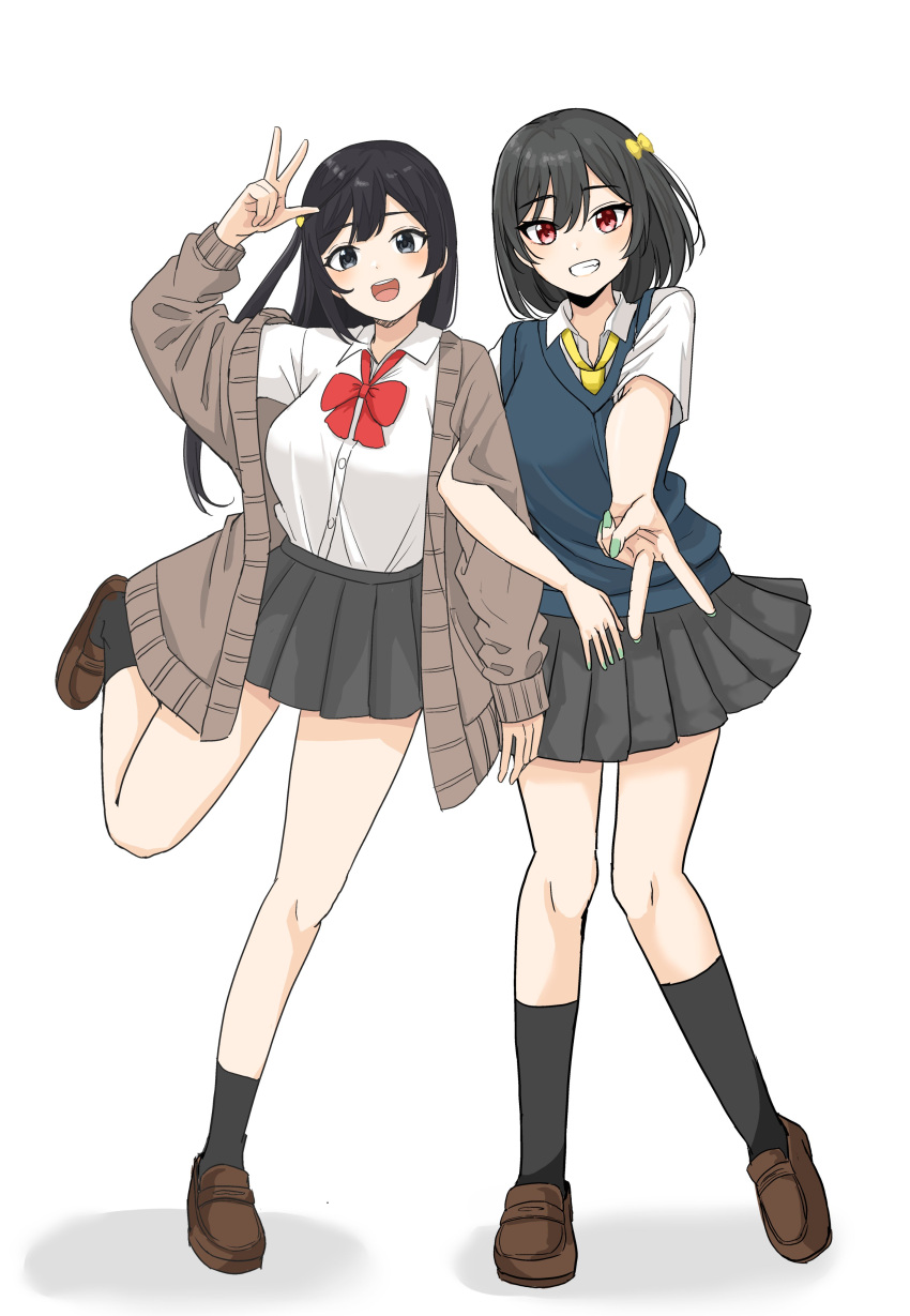 2girls :d absurdres black_hair black_socks bow bowtie breasts cardigan commentary_request full_body green_nails grey_eyes grey_hair grin gyaru gyaru_v hair_between_eyes highres holding_another's_arm large_breasts locked_arms love_live! love_live!_nijigasaki_high_school_idol_club medium_hair mifune_shioriko multiple_girls necktie one_side_up pleated_skirt red_bow red_bowtie red_eyes school_uniform shirt shoes short_sleeves skirt smile socks standing standing_on_one_leg sweater_vest swept_bangs tatsumi432 v white_background white_shirt yellow_necktie yuki_setsuna_(love_live!)