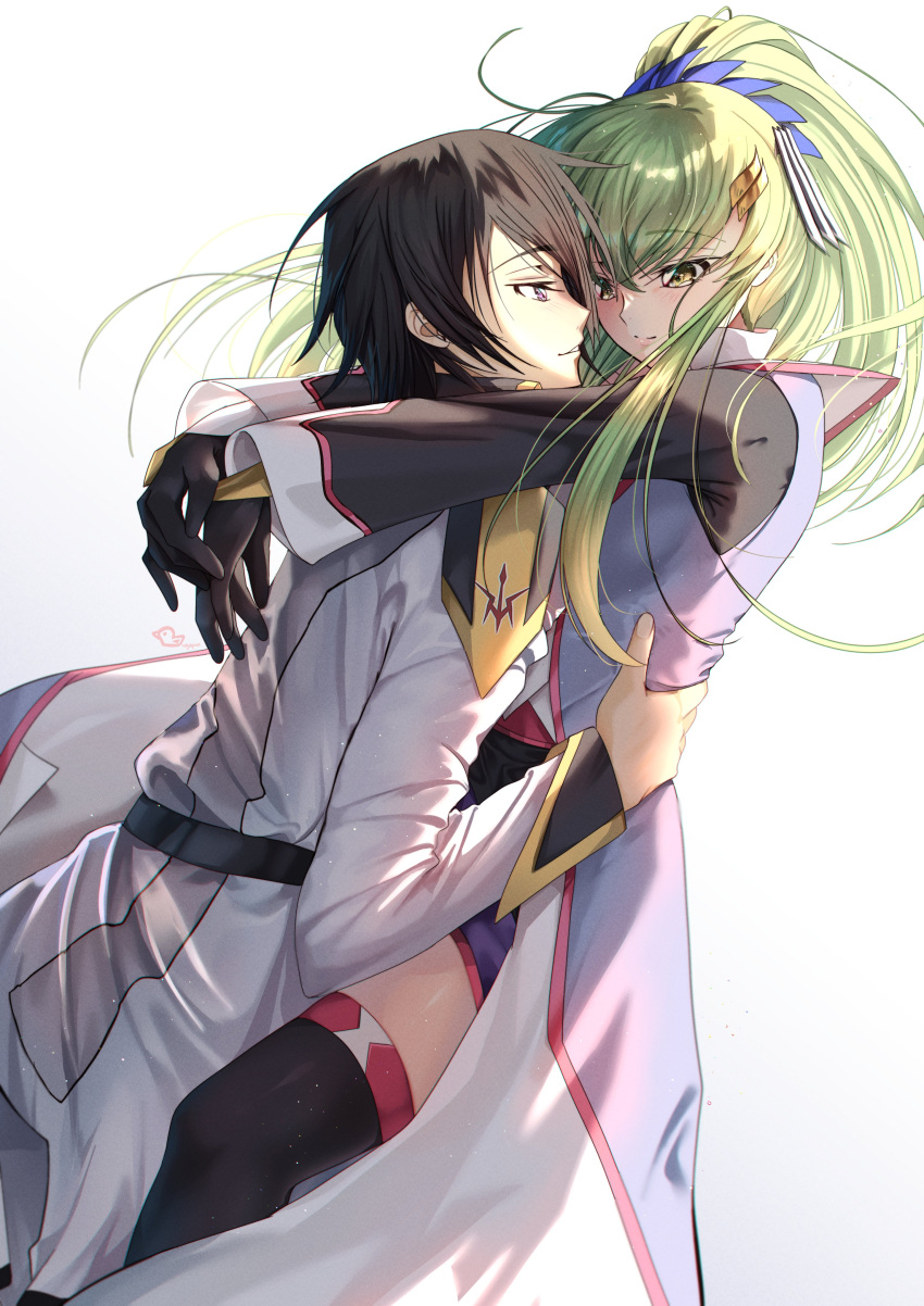 1boy 1girl absurdres arms_around_neck black_gloves black_hair black_thighhighs blush budgiepon c.c. closed_mouth code_geass commentary_request cosplay couple dress eye_contact feet_out_of_frame floating_hair from_side gloves green_hair gundam gundam_seed gundam_seed_freedom hair_between_eyes hand_on_another's_hip hetero highres hug kira_yamato kira_yamato_(cosplay) lacus_clyne lacus_clyne_(cosplay) lelouch_vi_britannia light_particles long_hair long_sleeves looking_at_another parted_lips ponytail profile shirt short_hair sidelighting sidelocks simple_background smile split_mouth thigh-highs violet_eyes white_background white_dress white_shirt wide_sleeves yellow_eyes