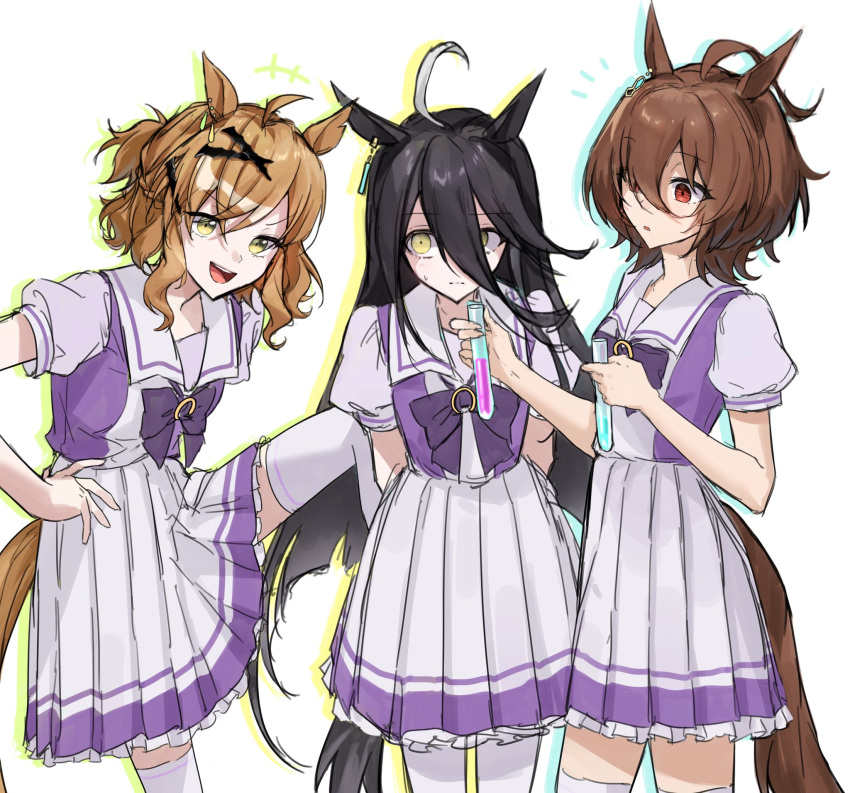 +++ 3girls agnes_tachyon_(umamusume) ahoge animal_ears arms_behind_back black_hair bow bowtie breasts brown_hair closed_mouth drop_shadow feet_out_of_frame gul_(parfaitgul) hair_ornament hand_on_own_hip highres holding holding_test_tube horse_ears horse_girl horse_tail jam_(umamusume) jungle_pocket_(umamusume) leg_up long_hair looking_at_another looking_at_viewer manhattan_cafe_(umamusume) multiple_girls notched_ear open_mouth purple_shirt red_eyes sailor_collar school_uniform shirt short_hair short_sleeves simple_background skirt small_breasts smile standing sweatdrop tail test_tube thigh-highs tracen_school_uniform umamusume white_background white_skirt white_thighhighs yellow_eyes