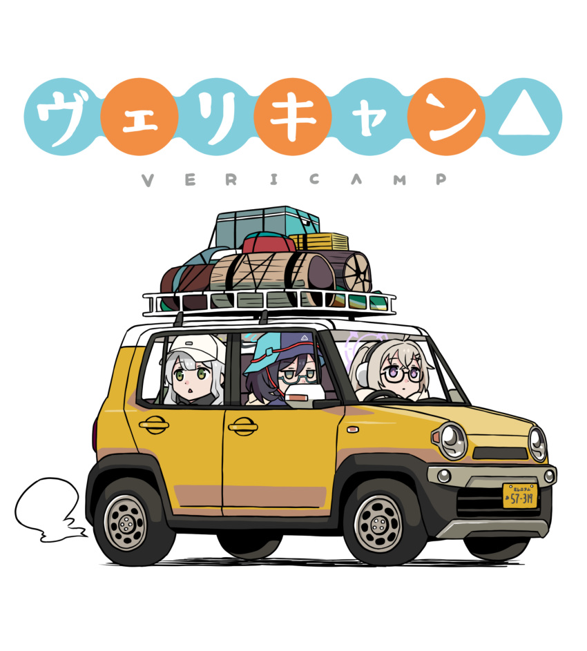 3girls absurdres ahoge blue_archive blunt_bangs bucket_hat car chihiro_(blue_archive) chihiro_(camp)_(blue_archive) commentary_request driving earmuffs glasses green_eyes grey_eyes grey_hair hair_between_eyes hair_ornament hairclip halo hare_(blue_archive) hare_(camp)_(blue_archive) hat highres jitome kotama_(blue_archive) kotama_(camp)_(blue_archive) long_hair long_sleeves motor_vehicle multiple_girls official_alternate_costume official_alternate_hairstyle parody ponytail semi-rimless_eyewear short_hair sidelocks simple_background steering_wheel suzuki_(company) suzuki_hustler triangle_mouth vehicle_focus violet_eyes washin white_background x_hair_ornament yurucamp