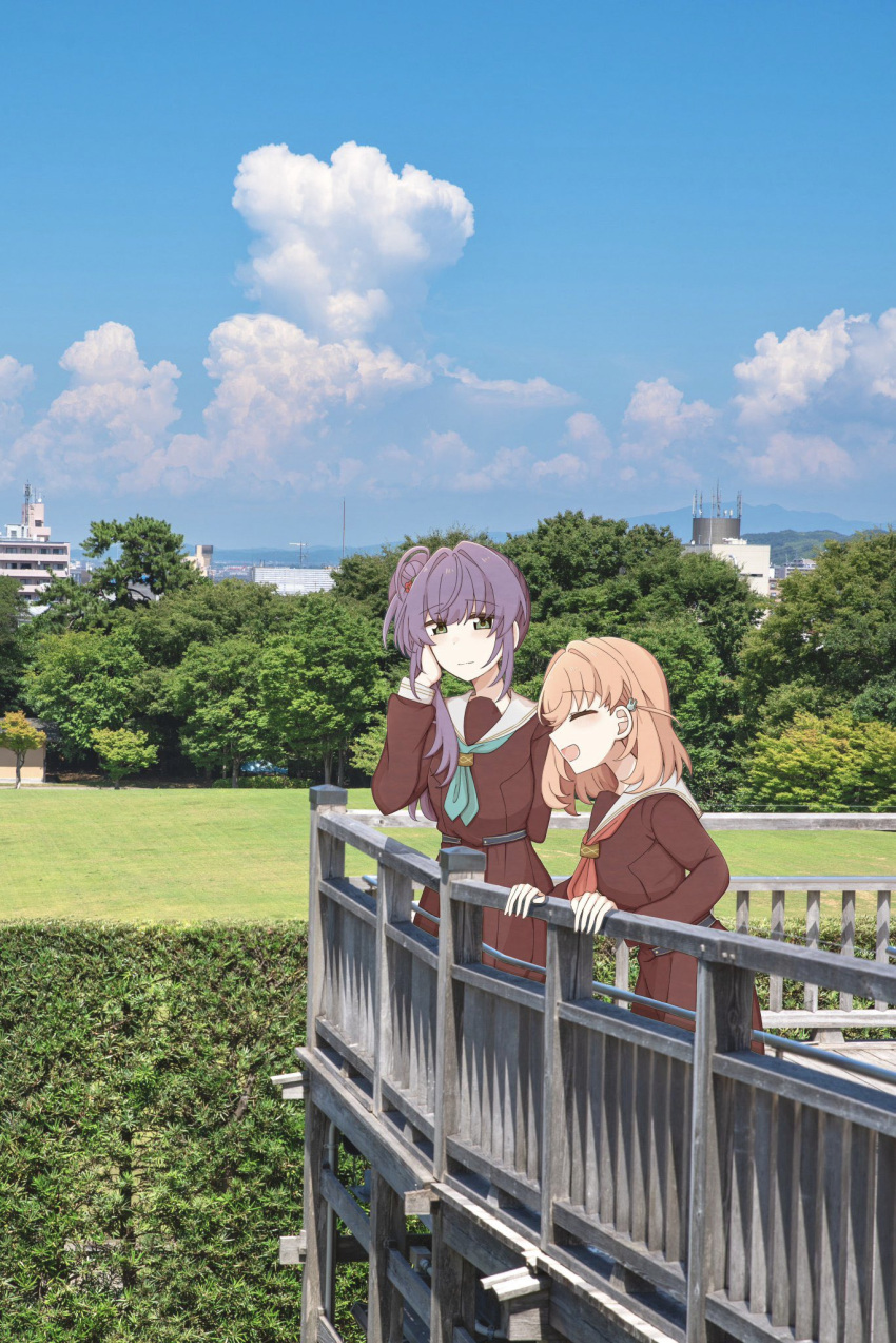 2girls aqua_neckerchief arms_behind_back blue_sky blush brown_dress cerise_bouquet closed_eyes closed_mouth clouds commentary_request crossed_bangs dress flower green_eyes hair_bun hair_flower hair_ornament hand_on_own_cheek hand_on_own_face hand_on_railing hasu_no_sora_school_uniform highres hinoshita_kaho kurotoia light_smile link!_like!_love_live! long_hair long_sleeves looking_at_viewer love_live! medium_hair multiple_girls neckerchief open_mouth orange_hair otomune_kozue photo_background pleated_dress purple_hair rabbit_hair_ornament red_flower red_neckerchief sailor_collar sailor_dress school_uniform second-party_source side_ponytail sidelocks sideways_mouth single_side_bun sky smile tree two_side_up virtual_youtuber white_sailor_collar wide_shot winter_uniform