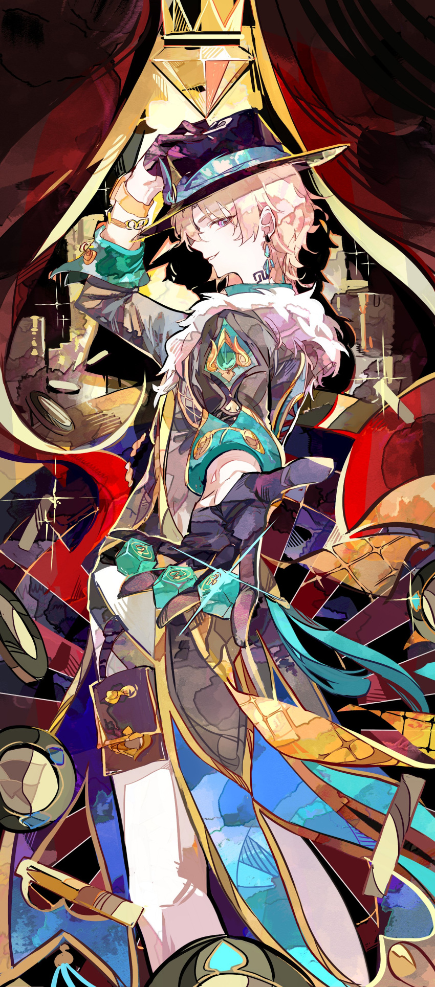 1boy absurdres aqua_shirt aventurine_(honkai:_star_rail) black_gloves black_hat black_jacket blonde_hair bracelet closed_mouth cocoballking collared_shirt curtains fur_trim gloves hat highres honkai:_star_rail honkai_(series) jacket jewelry looking_at_viewer male_focus multicolored_eyes outstretched_hand pants shirt short_hair solo watch watch white_pants