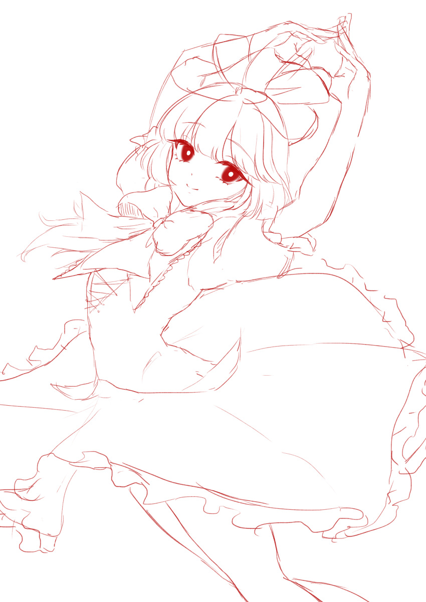 0002koko 1girl absurdres bow dancing dress frilled_dress frilled_sleeves frills front_ponytail hair_bow hair_ribbon highres kagiyama_hina looking_at_viewer puffy_short_sleeves puffy_sleeves ribbon short_sleeves simple_background sketch smile solo touhou white_background