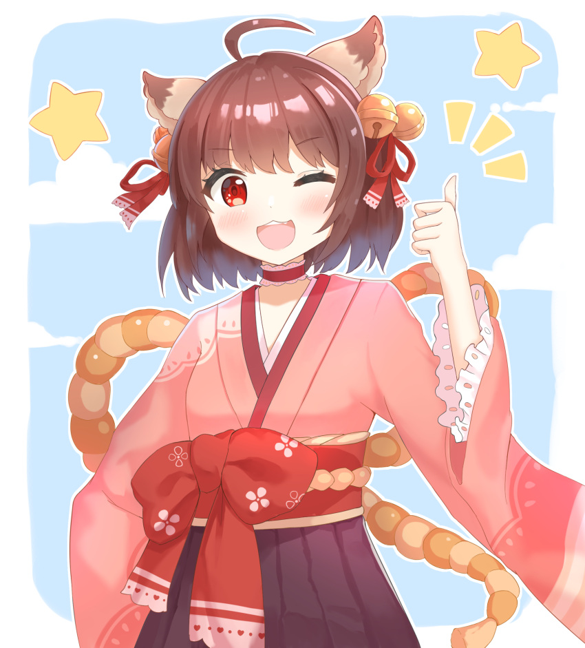 1girl :3 ahoge animal_ears bell blush bow breasts brown_hair brown_skirt cat_ears cat_girl cat_tail choker clouds commentary_request cowboy_shot frilled_choker frills hair_bell hair_ornament hair_ribbon highres ichihime japanese_clothes jingle_bell kimono lace-trimmed_sleeves lace_trim long_sleeves looking_at_viewer mahjong_soul medium_bangs obi one_eye_closed open_mouth pink_kimono red_bow red_choker red_eyes red_ribbon red_sash ribbon sash short_hair skirt small_breasts smile solo star_(symbol) tail thumbs_up waist_bow wide_sleeves yuetsu
