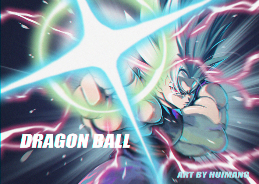 1boy artist_name blurry chinese_commentary chromatic_aberration closed_mouth commentary copyright_name cowboy_shot depth_of_field dragon_ball dragon_ball_super dragon_ball_super_super_hero emphasis_lines energy foreshortening gohan_beast grey_background grey_hair incoming_attack long_hair looking_at_viewer makankousappou male_focus muscular muscular_male nose pants purple_pants purple_vest purple_wrist_cuffs red_eyes red_sash sash serious simple_background solo son_gohan spiky_hair vest wrist_cuffs ze_ro