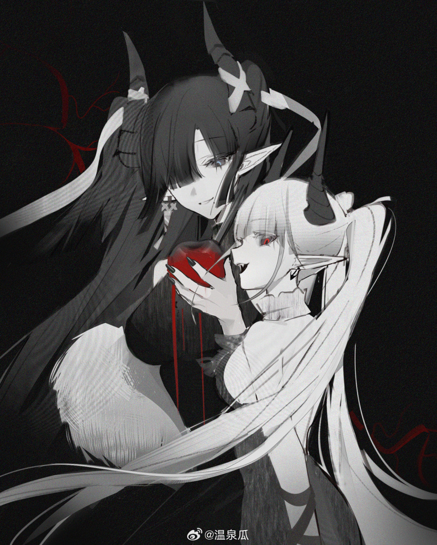 2girls arknights backless_dress backless_outfit bare_shoulders basket_sarkaz_lady black_background black_dress black_hair black_nails blue_eyes chained_sarkaz_girl demon_girl demon_horns dress fang food fruit greyscale highres holding holding_food holding_fruit horns long_hair looking_at_viewer monochrome multiple_girls pointy_ears red_eyes twintails upper_body very_long_hair wenquangua white_hair