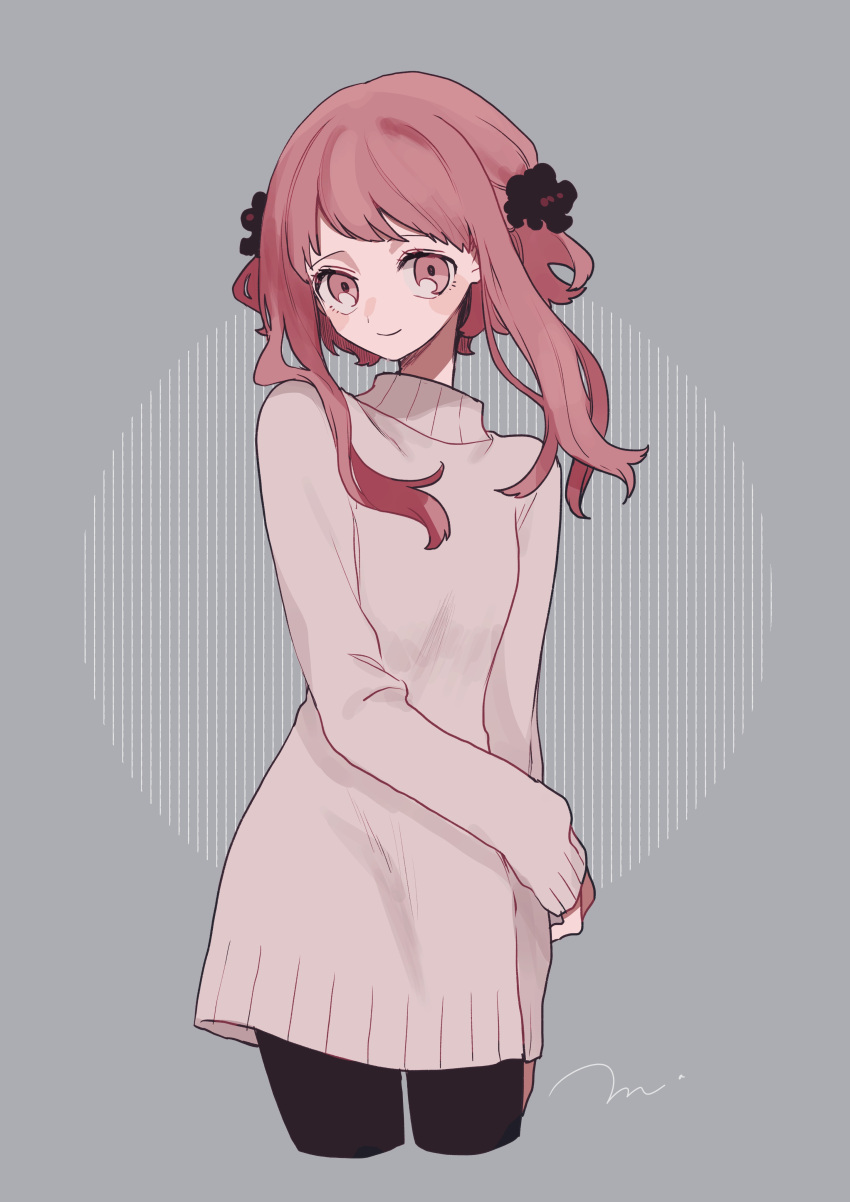 1girl absurdres black_pantyhose closed_mouth cropped_legs dress flower grey_background hair_flower hair_ornament highres long_hair long_sleeves looking_at_viewer maco22 original pantyhose pink_eyes pink_hair sidelocks signature sleeves_past_wrists smile solo sweater turtleneck turtleneck_sweater white_sweater
