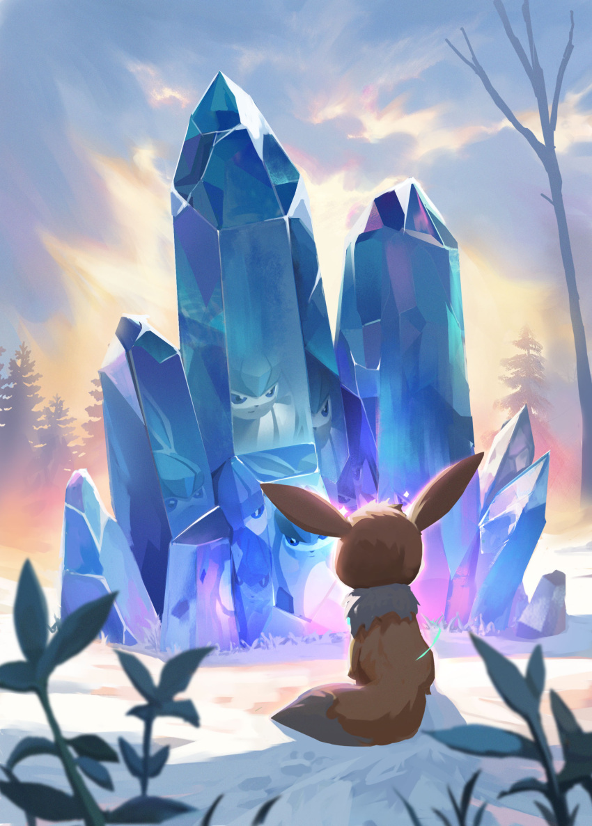 absurdres bare_tree blurry blurry_foreground clouds commentary crystal day different_reflection eevee glaceon highres no_humans outdoors pokemon pokemon_(creature) reflection renl0l sitting sky snow tree