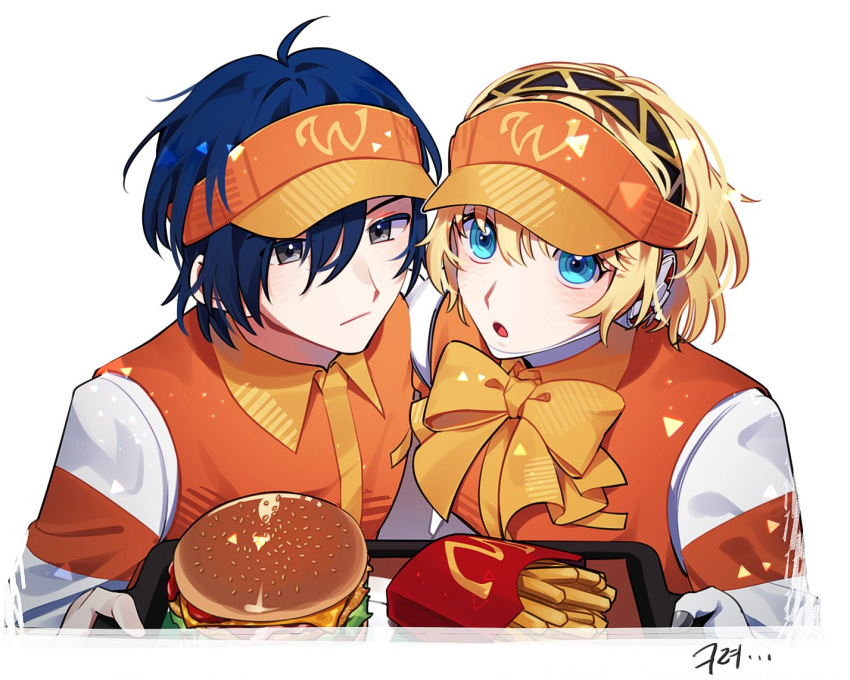 1boy 1girl :o aegis_(persona) alternate_costume blonde_hair blue_eyes blue_hair border bow bowtie burger closed_mouth collared_shirt elulit2 employee_uniform expressionless fast_food fast_food_uniform food frown grey_eyes hair_between_eyes holding holding_tray korean_text long_sleeves looking_at_viewer open_mouth orange_headwear orange_vest persona persona_3 shirt short_hair simple_background translation_request tray uniform upper_body vest visor_cap white_background white_border white_shirt wing_collar yellow_bow yuuki_makoto_(persona_3)