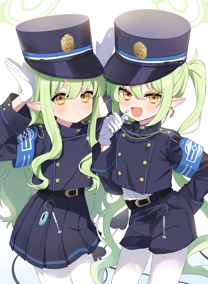 2girls :&lt; :d absurdres arms_up belt black_belt black_hat black_shirt black_shorts black_skirt blue_archive blue_shorts blush buttons commentary_request cowboy_shot demon_tail double-breasted earrings fang gloves green_hair green_halo hair_between_eyes halo hand_up hat highres hikari_(blue_archive) holding holding_whistle jewelry long_hair long_sleeves looking_at_viewer multiple_girls nozomi_(blue_archive) open_mouth pantyhose peaked_cap pleated_skirt pointy_ears rua_(aji40) shirt shorts siblings sidelocks simple_background sisters skin_fang skirt smile tail twintails whistle white_background white_gloves white_pantyhose white_shirt yellow_eyes