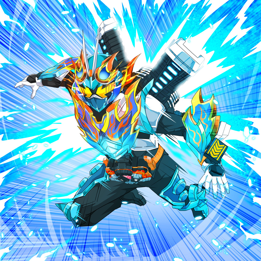 1boy absurdres antennae armor black_bodysuit blue_armor blue_fire bodysuit dopemi finishing_move fire flame_print gloves glowing goggles goggles_on_head gotcha_driver highres kamen_rider kamen_rider_fire_gotchard kamen_rider_gotchard kamen_rider_gotchard_(series) orange_armor orange_eyes rider_belt solo thrusters tokusatsu white_gloves