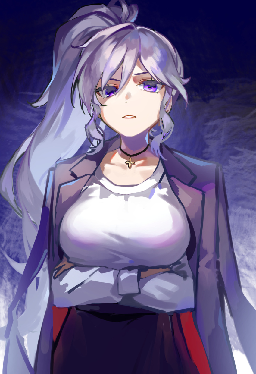 1girl commission commissioner_upload cross cross_necklace crossed_arms disgust fire_emblem fire_emblem:_genealogy_of_the_holy_war highres ishtar_(fire_emblem) jewelry necklace non-web_source ponytail purple_hair ria_wndhi side_ponytail simple_background skeb_commission violet_eyes