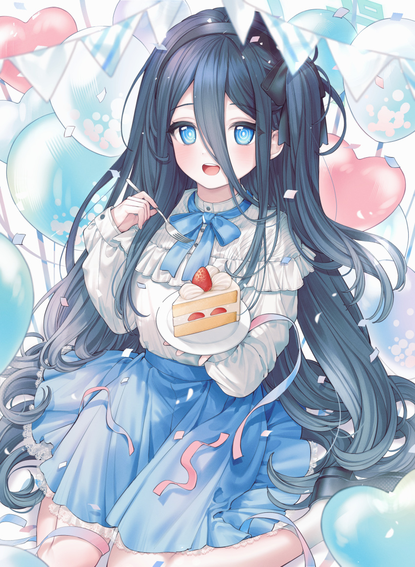 1girl absurdly_long_hair absurdres aris_(blue_archive) balloon black_hair black_hairband blue_archive blue_eyes blue_halo blue_skirt blush cake cake_slice food fork hairband halo heart_balloon highres holding holding_fork holding_plate k_four_nine long_hair long_sleeves looking_at_viewer open_mouth plate ringed_eyes shirt skirt smile solo very_long_hair white_shirt