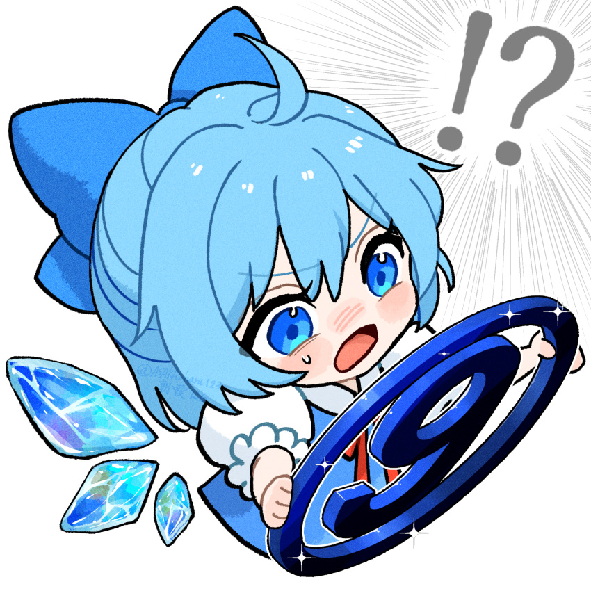 !? 1girl ahoge blue_bow blue_eyes blue_hair blush_stickers bow chibi circled_9 cirno commentary_request cropped_torso emphasis_lines glint hair_bow highres ice ice_wings open_mouth puffy_short_sleeves puffy_sleeves short_hair short_sleeves solo surprised sweatdrop touhou user_hryx5545 watermark white_background wings
