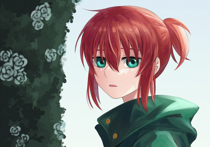 1girl absurdres buttons delfuze foliage green_eyes green_jacket hair_between_eyes hatori_chise highres jacket looking_at_viewer mahou_tsukai_no_yome open_mouth ponytail redhead short_ponytail sidelocks solo turning_head white_background
